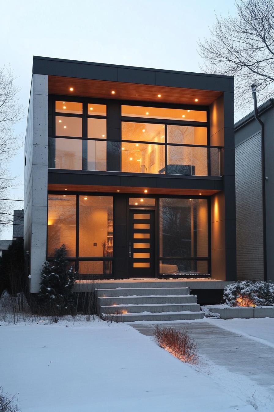 Modern two-story house with large windows and warm interior lighting