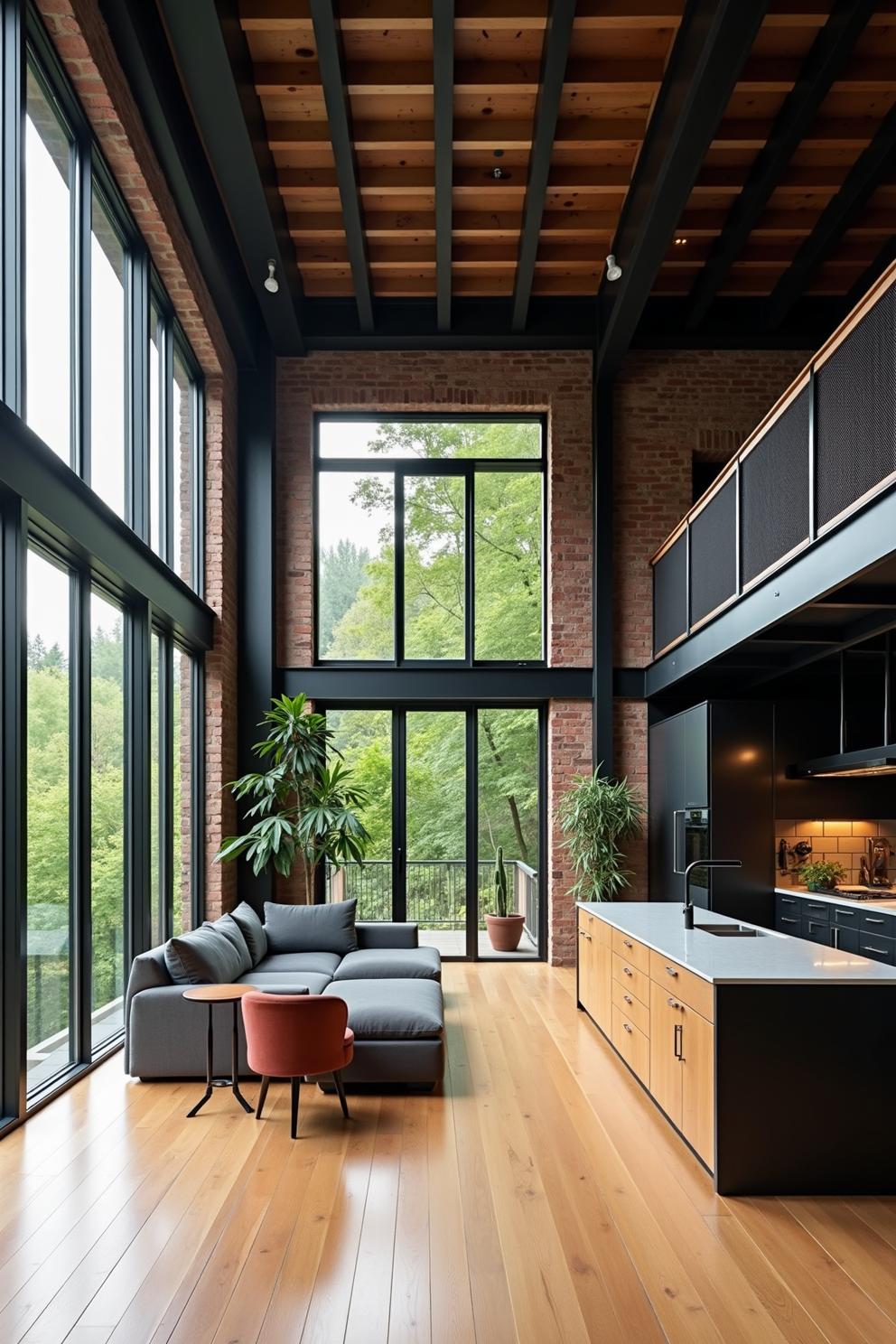 Spacious loft with large windows and lush greenery