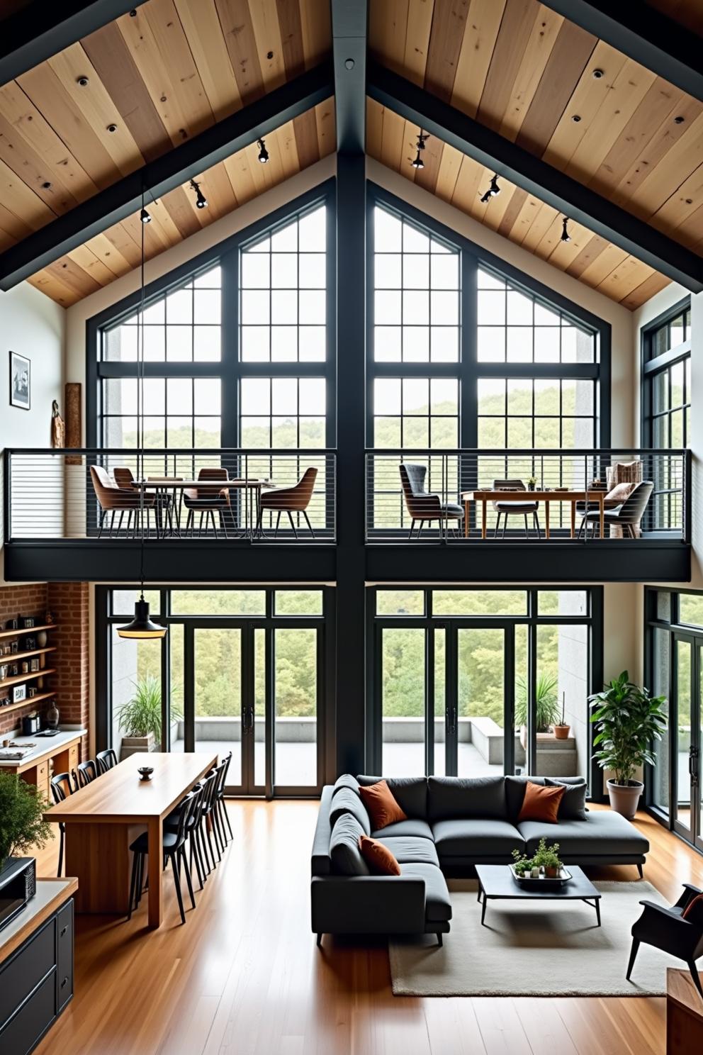 Spacious loft with floor-to-ceiling windows and modern decor