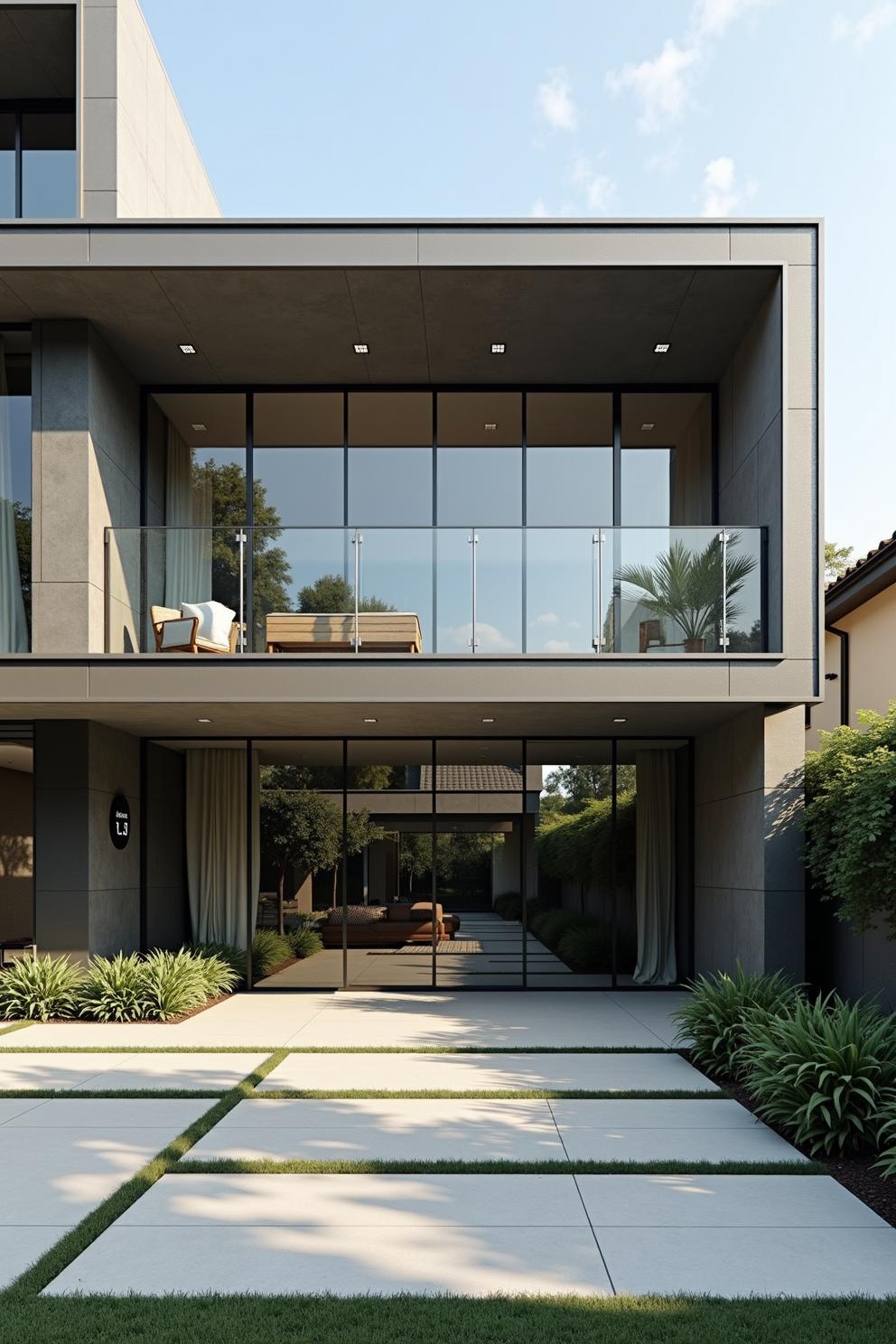 Sleek modern house with glass façade and greenery