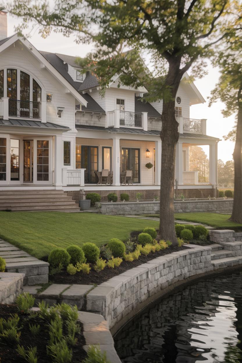 Elegant white house with lush landscaping and a tranquil pond