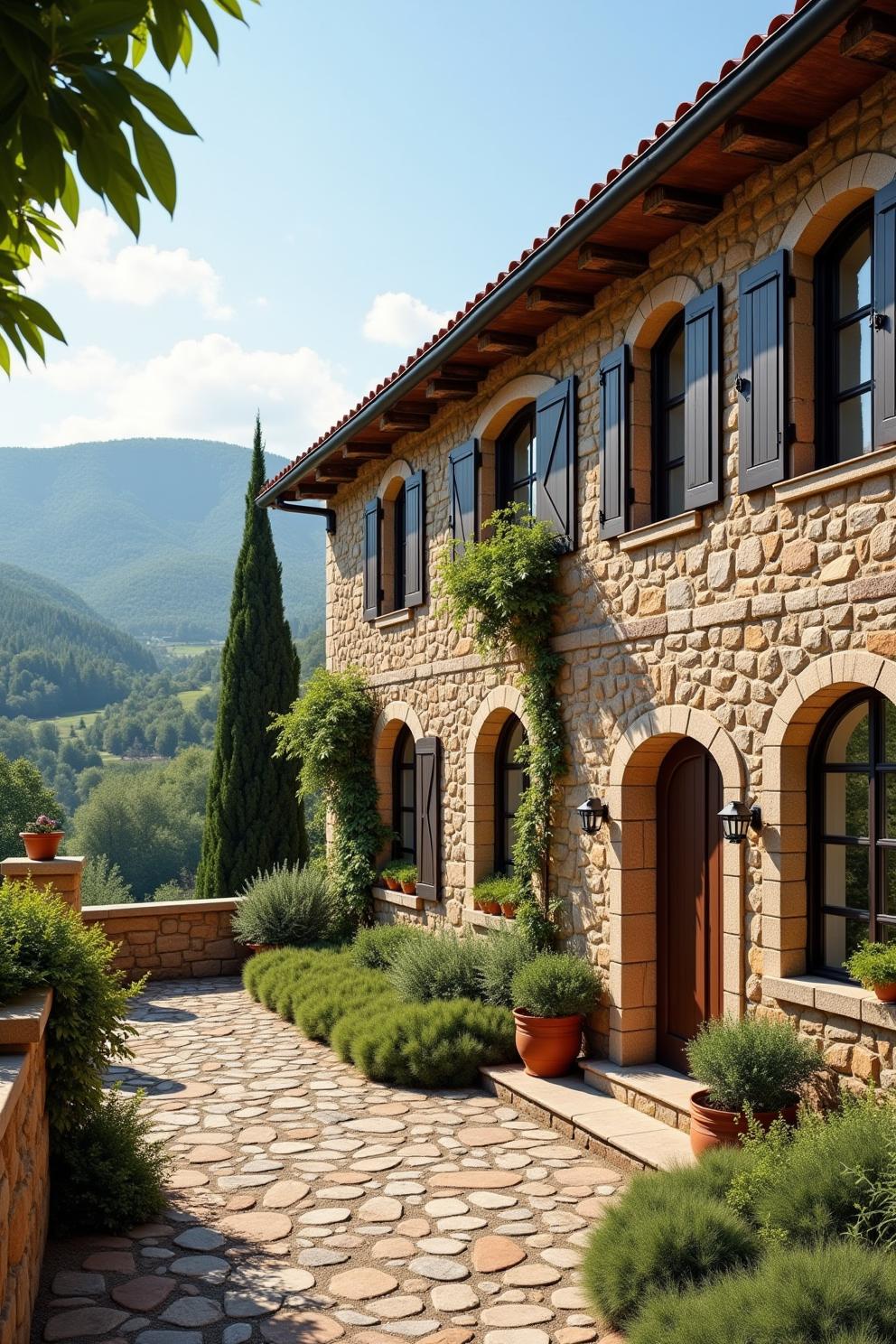 Stone villa with lush greenery and rolling hills