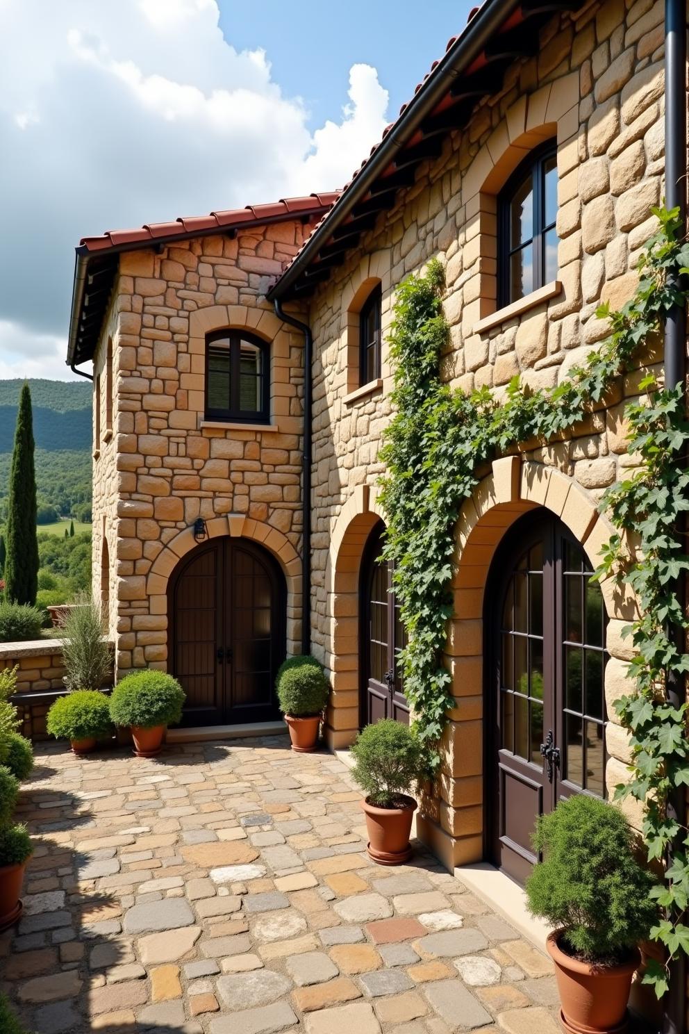 Stone villa with archways and climbing vines