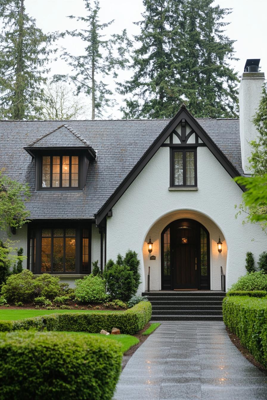 Charming Tudor-style house with lush landscaping