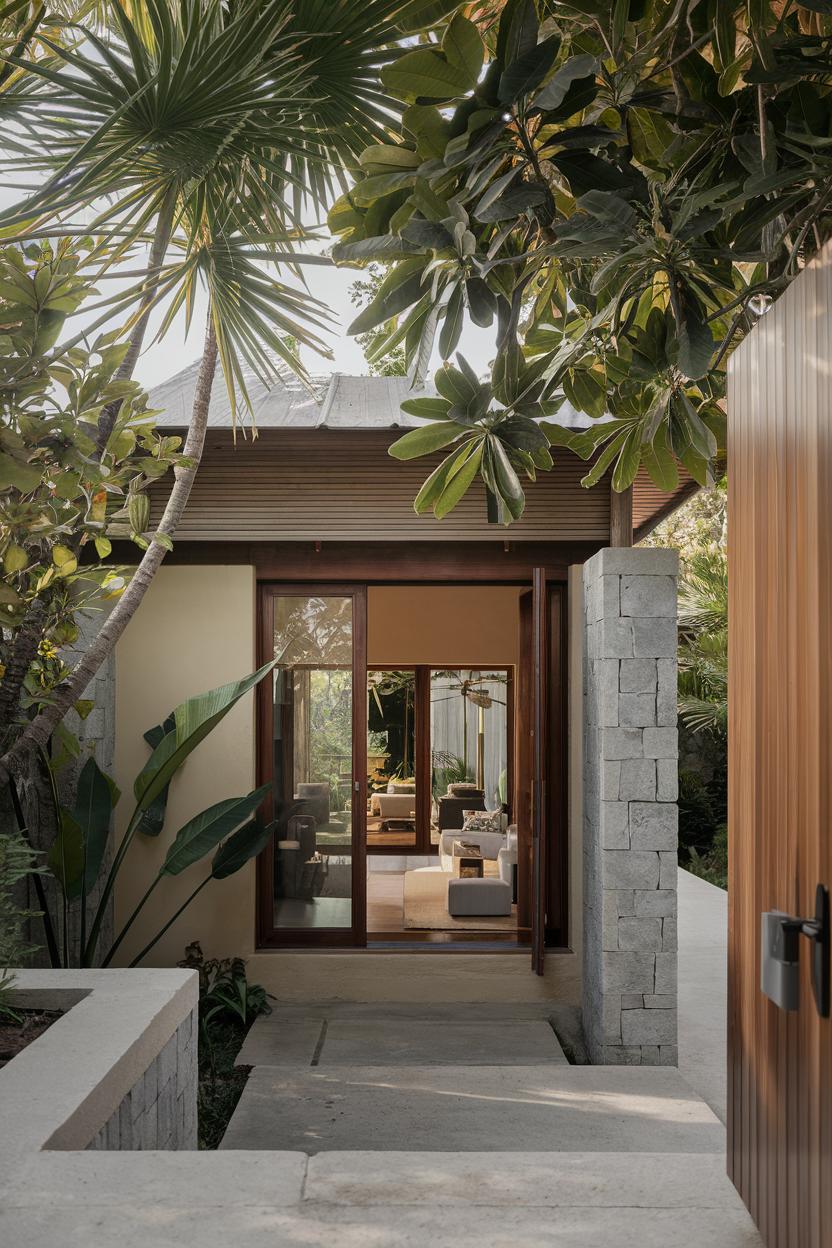 Modern villa entrance surrounded by lush greenery