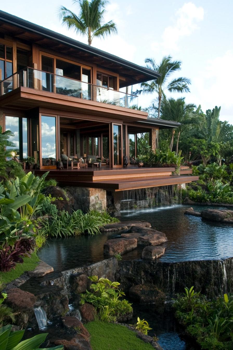 Tropical villa with stunning waterfall and lush greenery