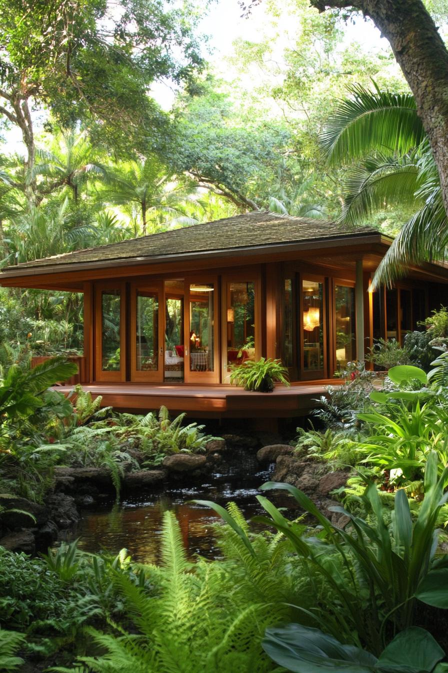 Tropical villa beside a lush garden and pond