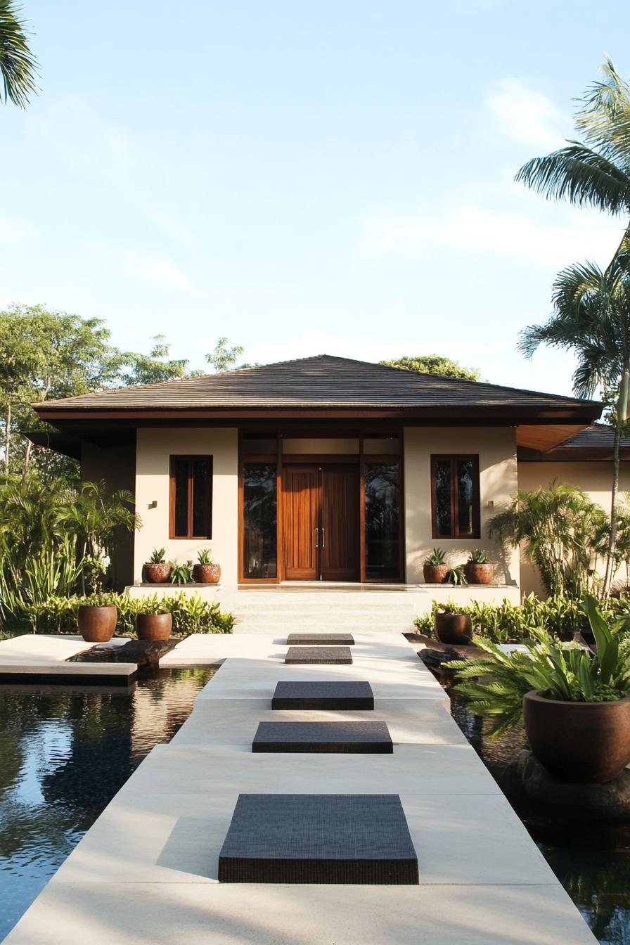 Modern Balinese villa entrance surrounded by lush tropical greenery