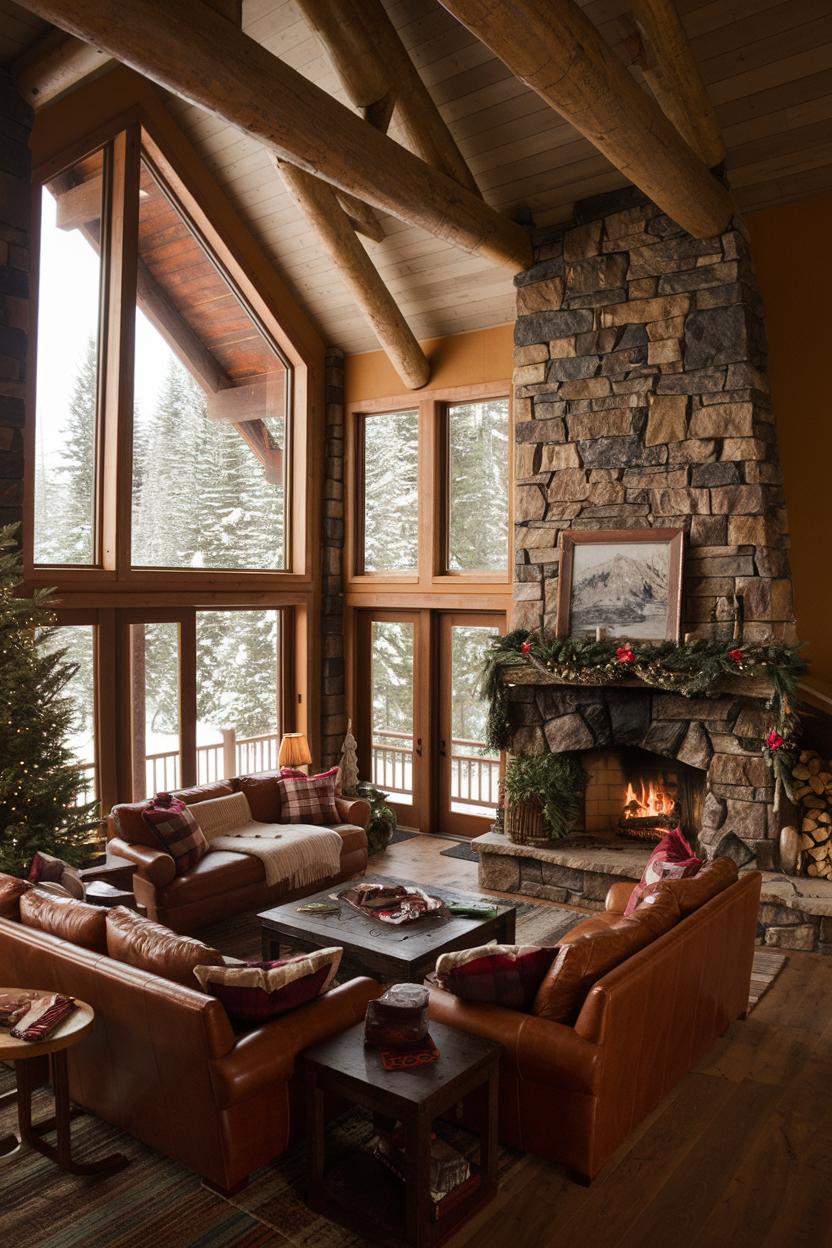 Cozy cabin living room with a stone fireplace and large windows