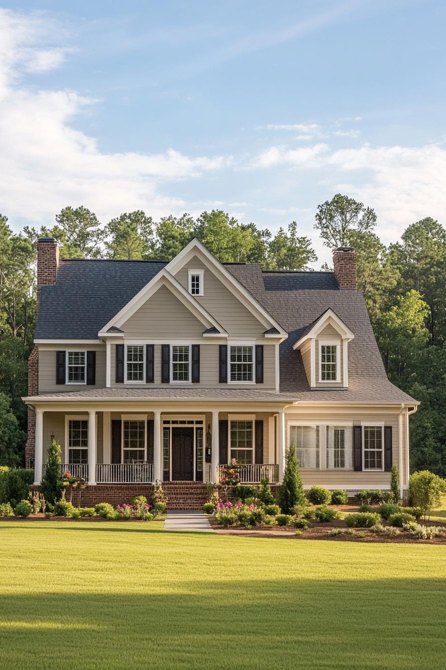 Front view of a symmetrical house with two chimneys