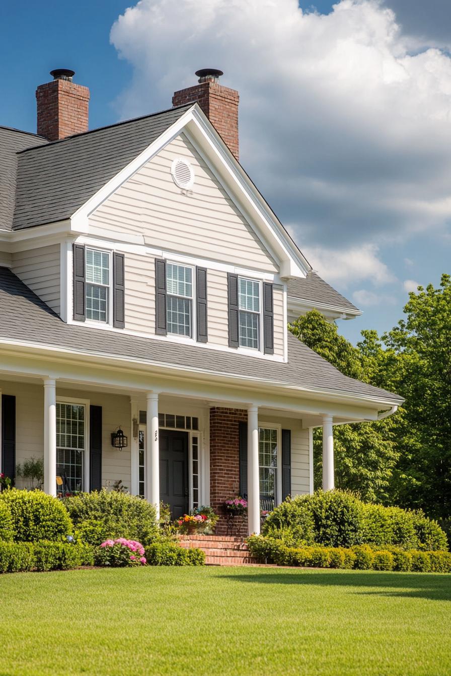 Elegant house with columns, manicured lawn, and brick chimney