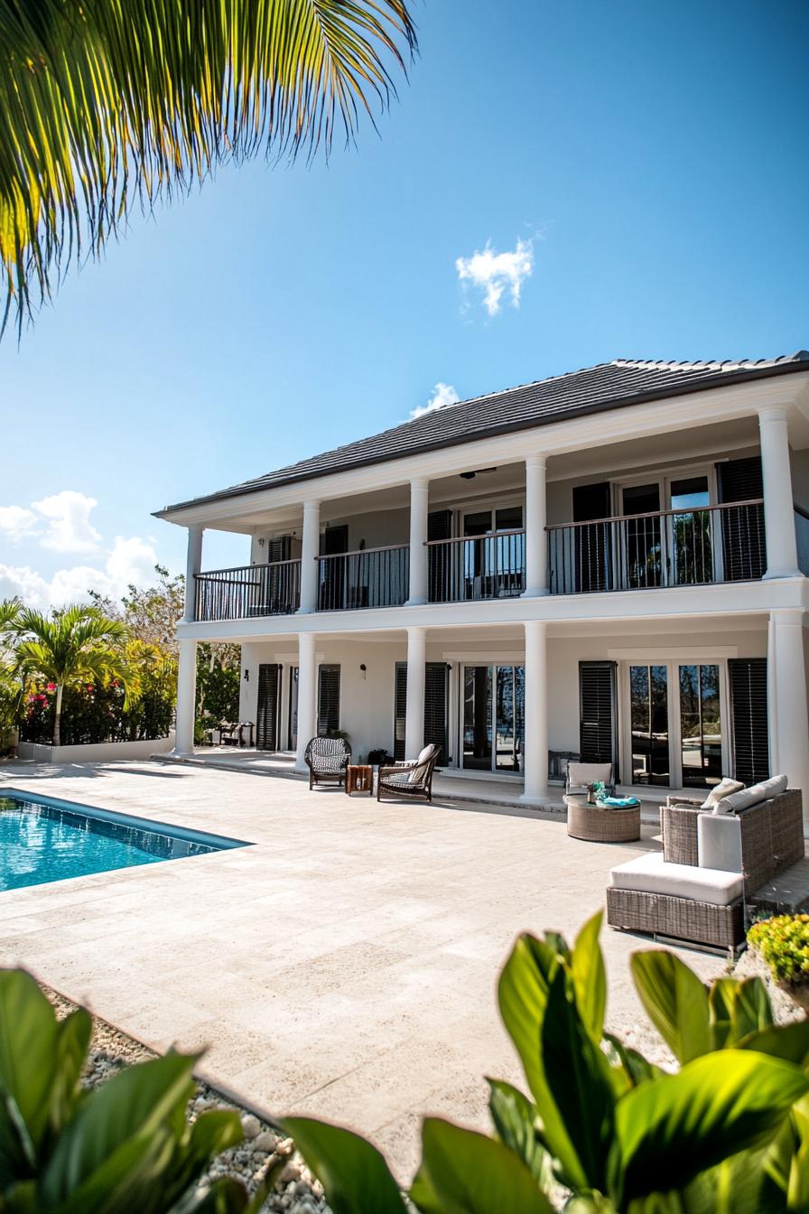 Two-story colonial house with a pool and palm trees