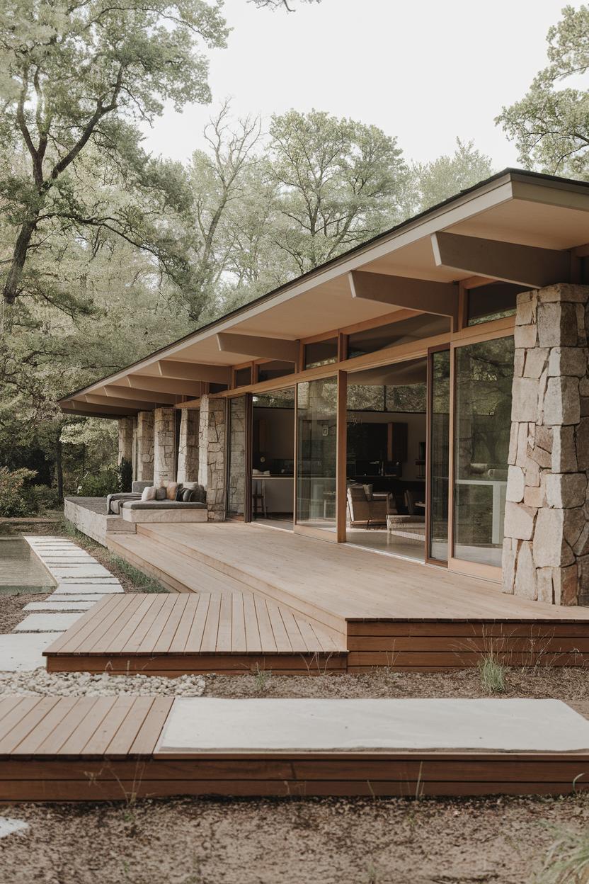 Stone and wood mid-century ranch house with large windows