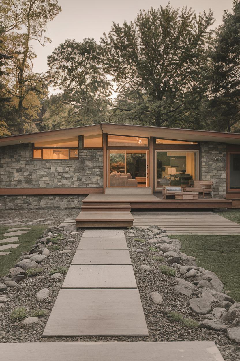 Mid-century ranch house amidst trees with a stone path