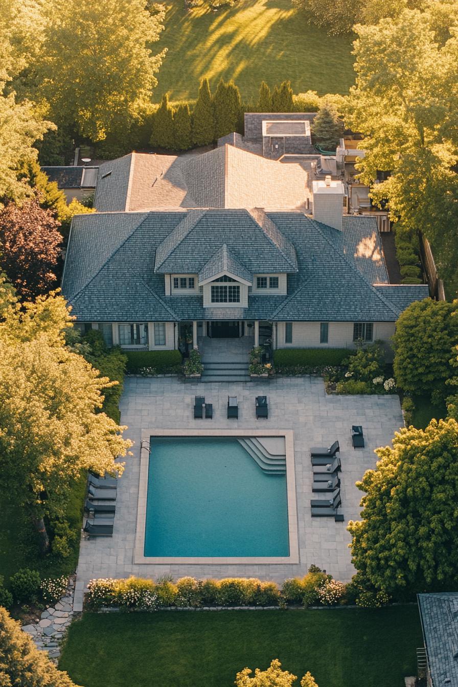 A luxurious house with a large pool and lush greenery