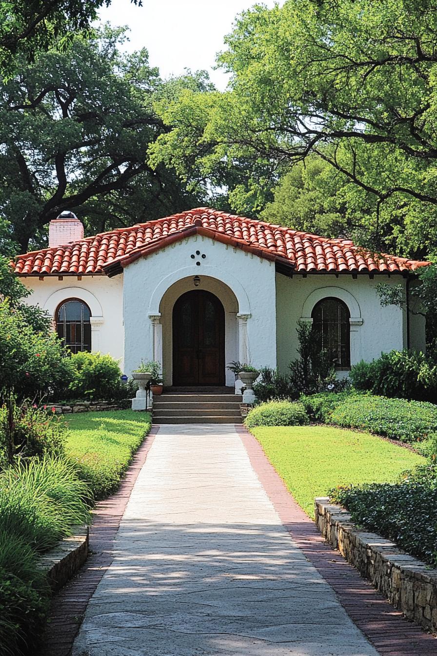 Charming bungalow with terracotta roof surrounded by lush greenery