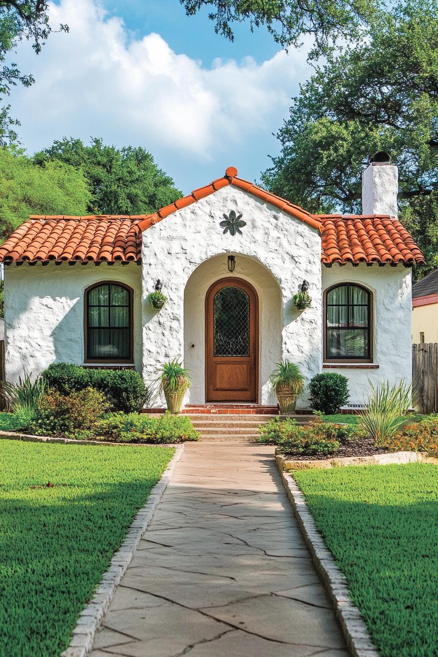 White bungalow with terracotta roof surrounded by lush greenery