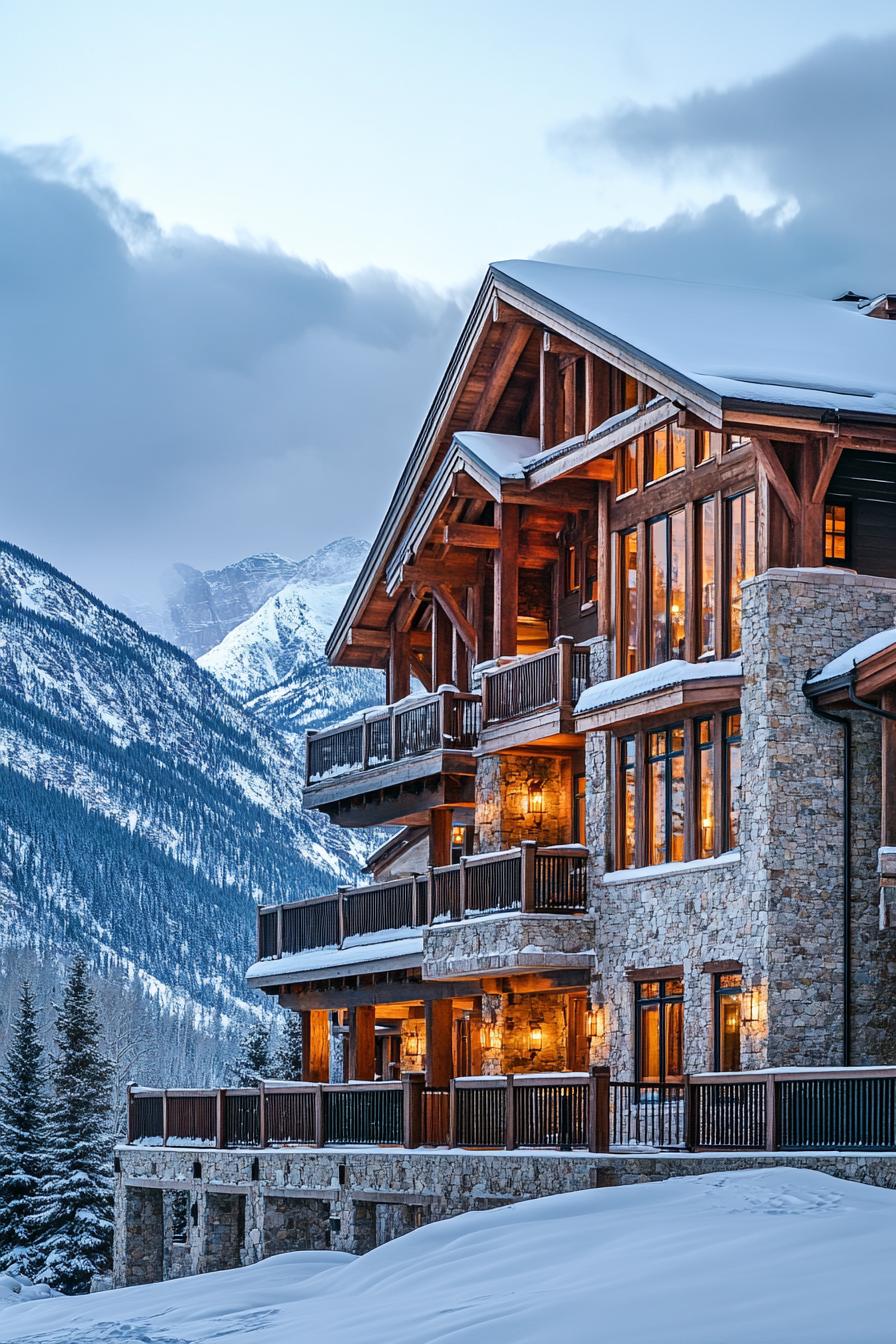 Snowy mountain lodge with warm lights