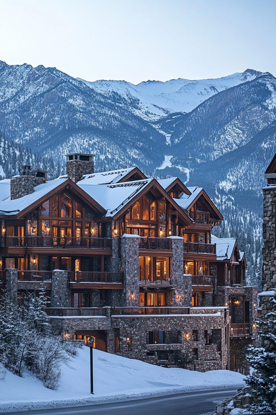 Mountain lodge with stone architecture and warm lights, surrounded by snow