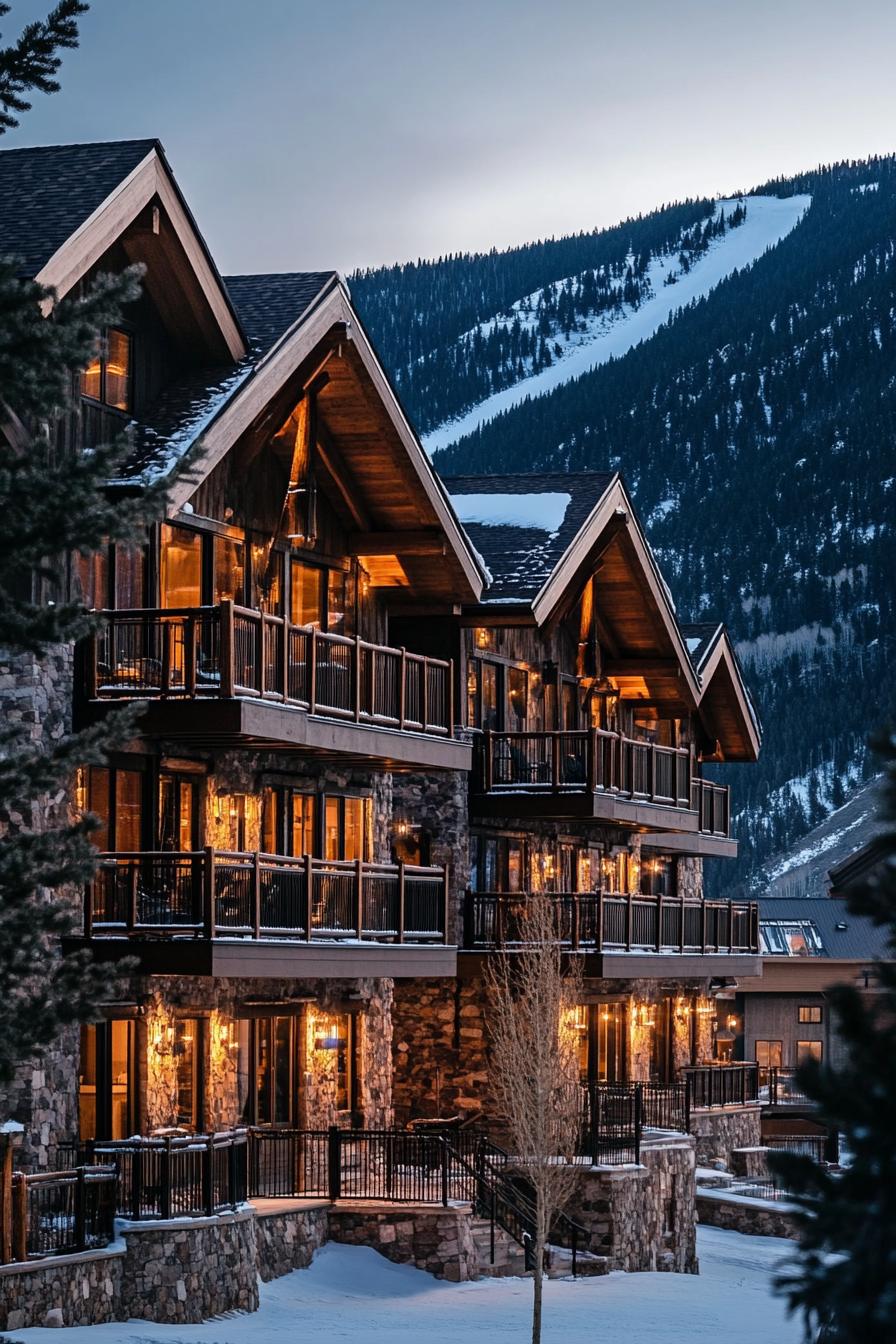 Cozy mountain chalet at dusk with glowing lights