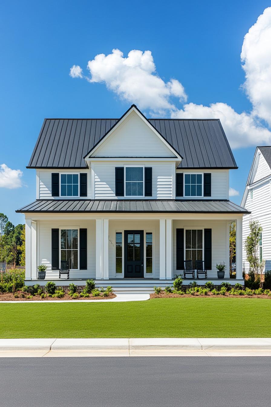 White house with black shutters, large porch, and manicured lawn