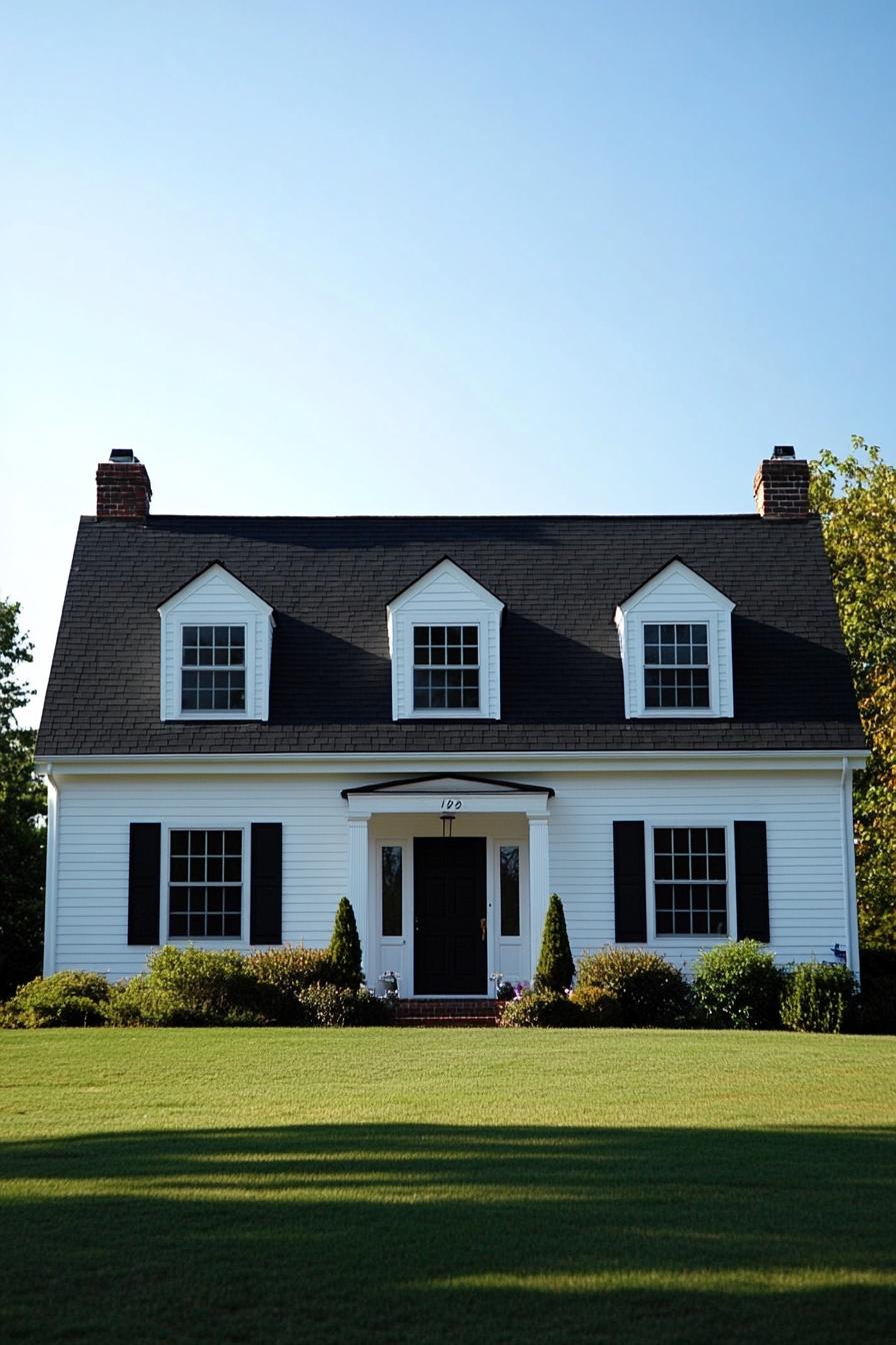 Classic American house with dormer windows and a big front lawn