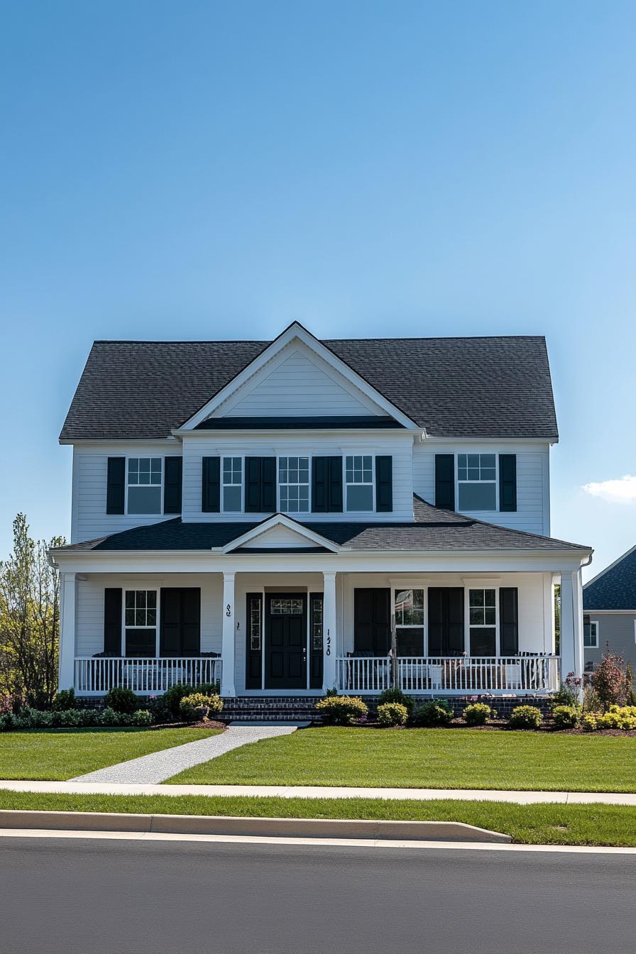 Classic white suburban house with front porch and black shutters