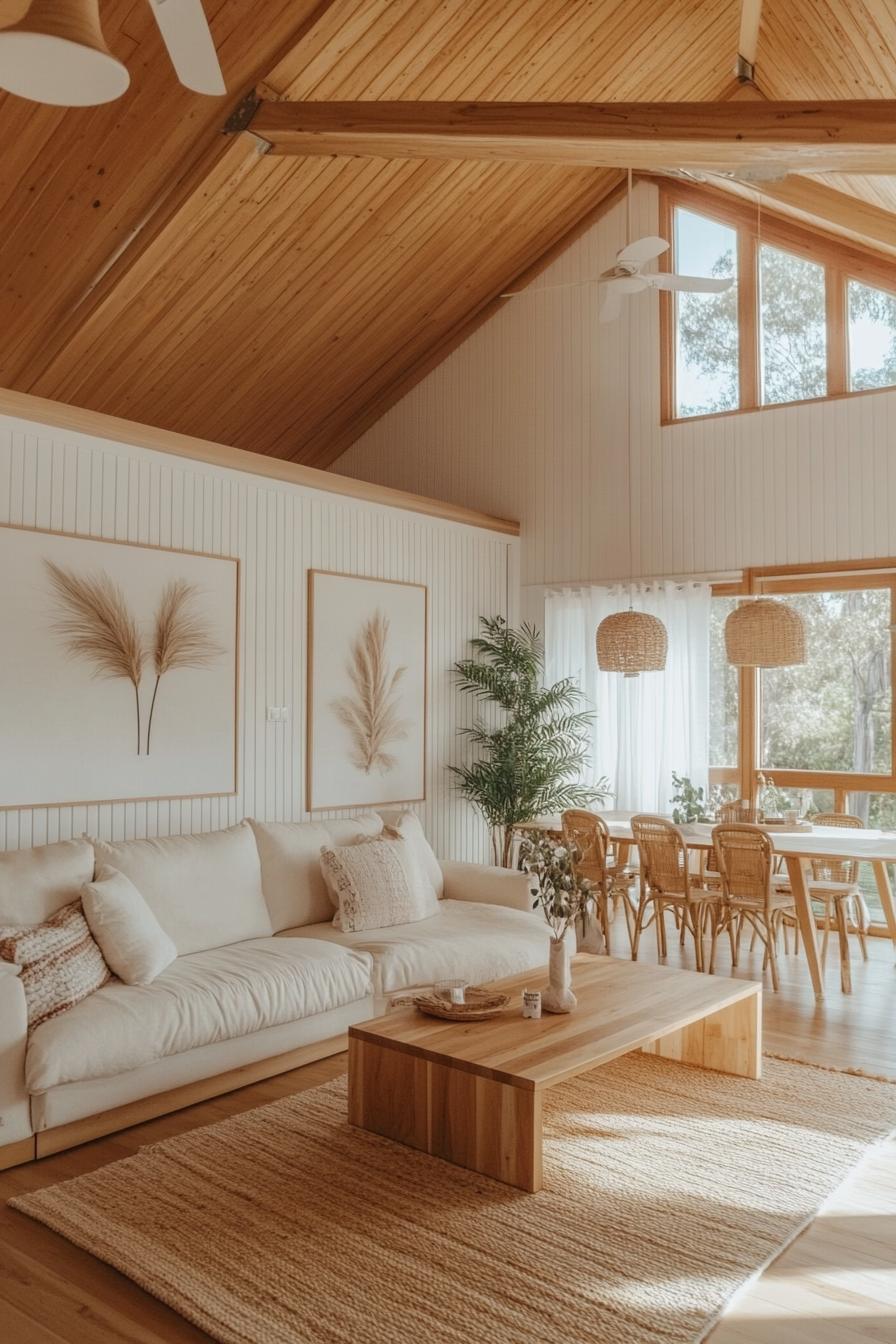 Bright and airy loft interior with natural wood accents