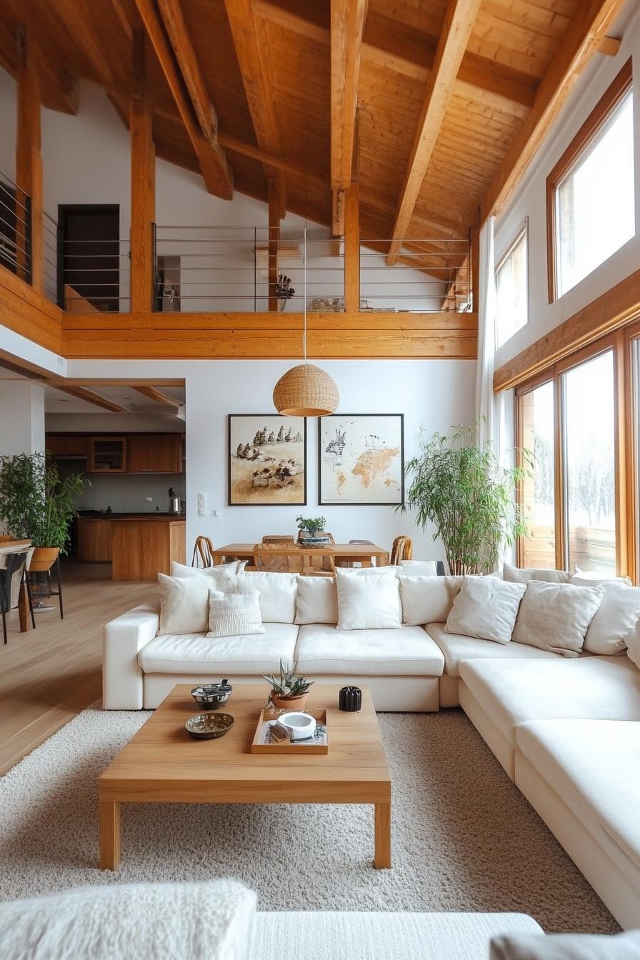 Spacious loft with wooden beams, cozy seating, and large windows