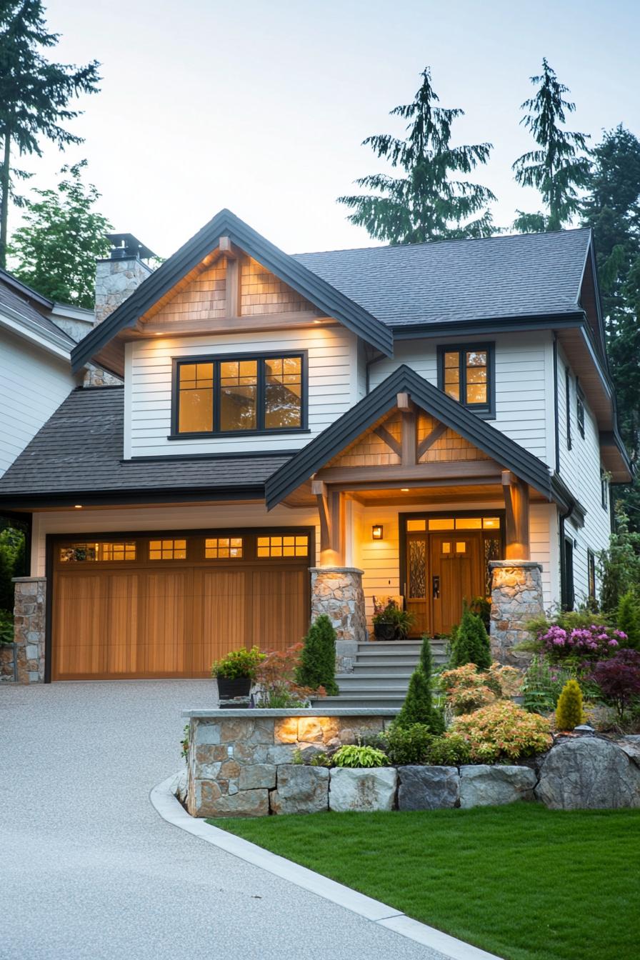 Cozy cottage with warm lights and wooden accents