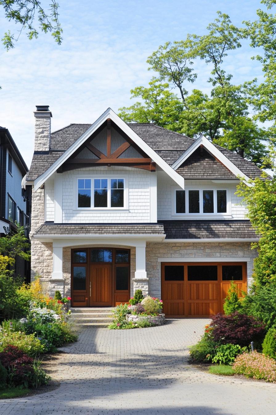 Front view of a charming cottage with wooden accents and a lush garden