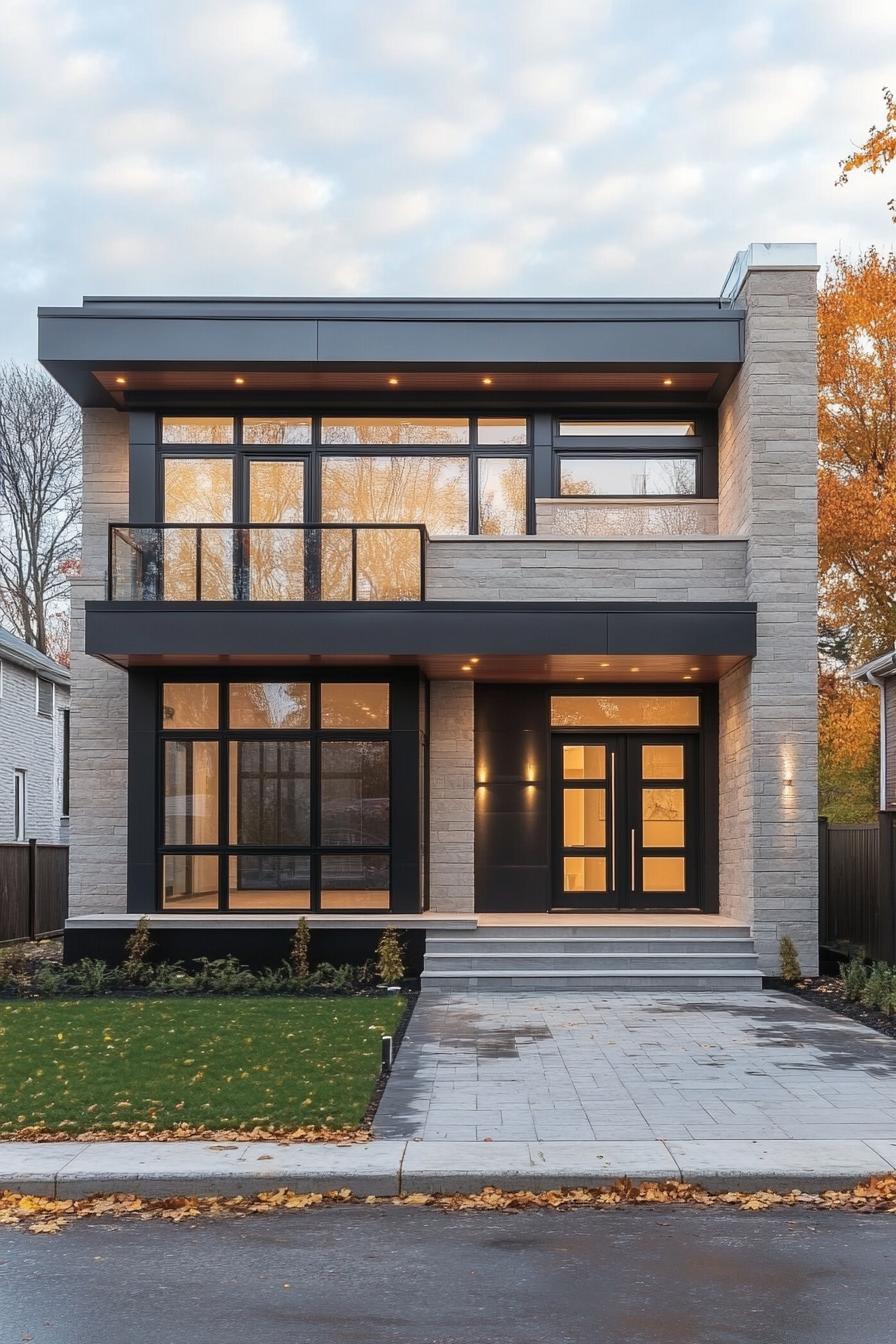 Contemporary house with glass facade and stone accents