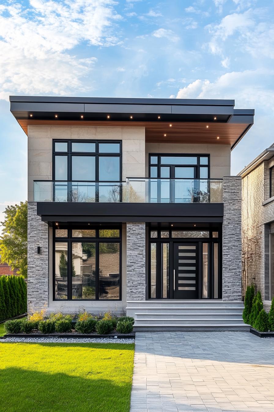 Modern house with a stone facade and large windows