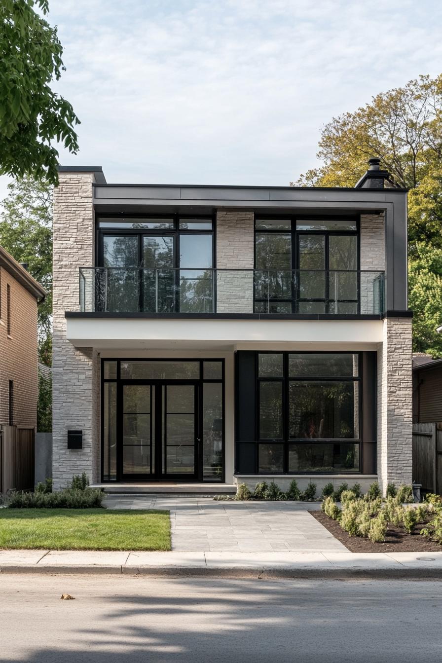 Modern suburban house with large windows and stone facade