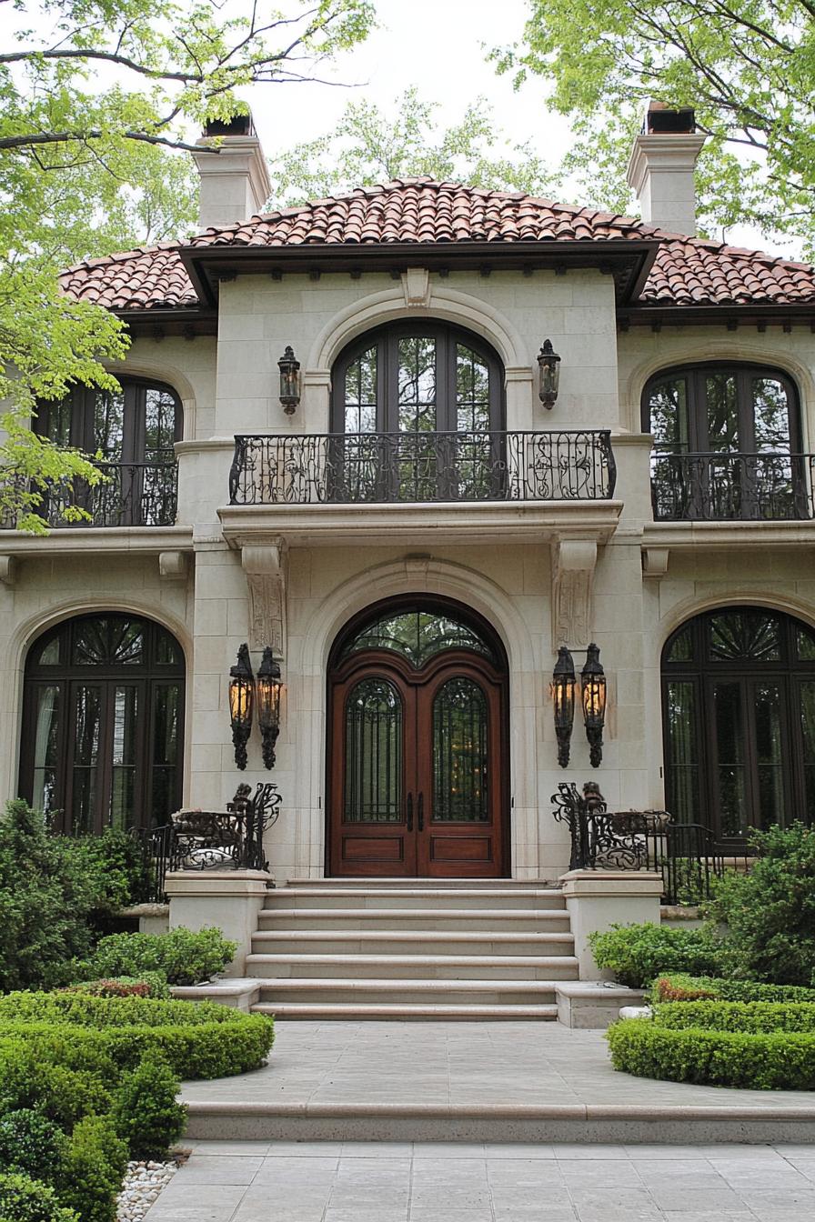 Elegant Italian farmhouse with stone facade and arched doorways