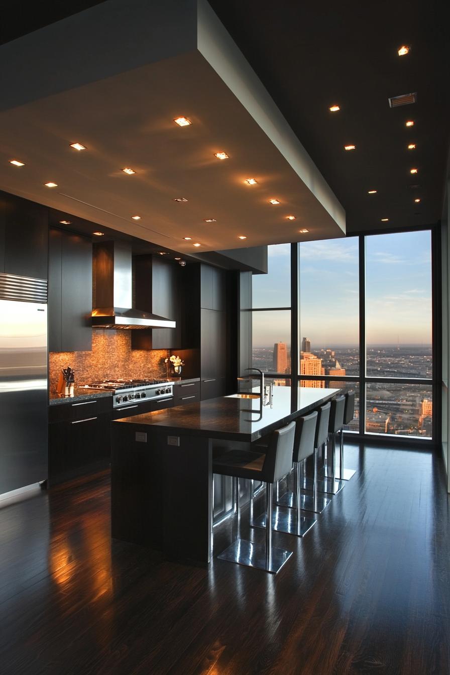 Sleek kitchen with high-rise city view