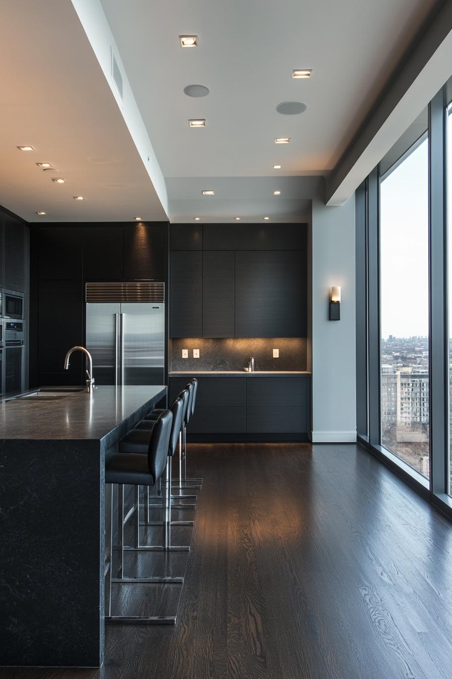 Modern penthouse kitchen with city views