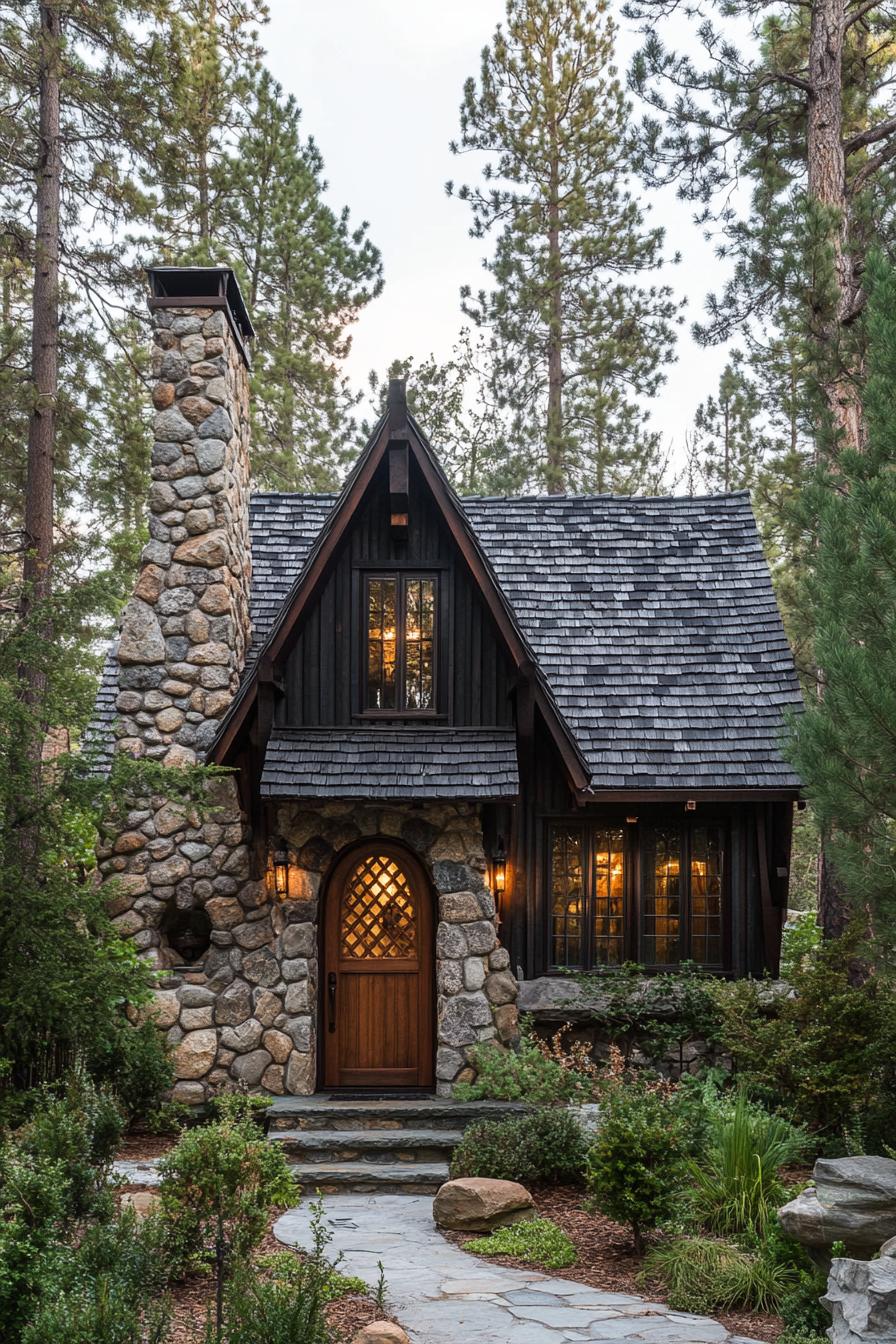 A-frame cabin with stone walls in a forest setting