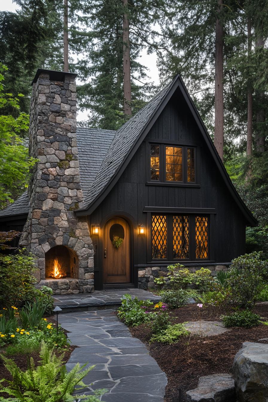 Charming cottage with a warm stone fireplace in the forest