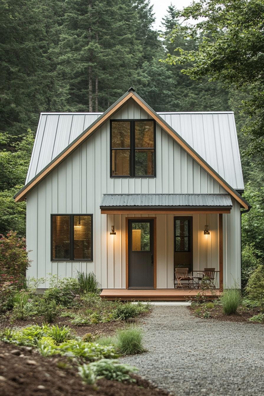 Cozy metal tiny house in a forest setting