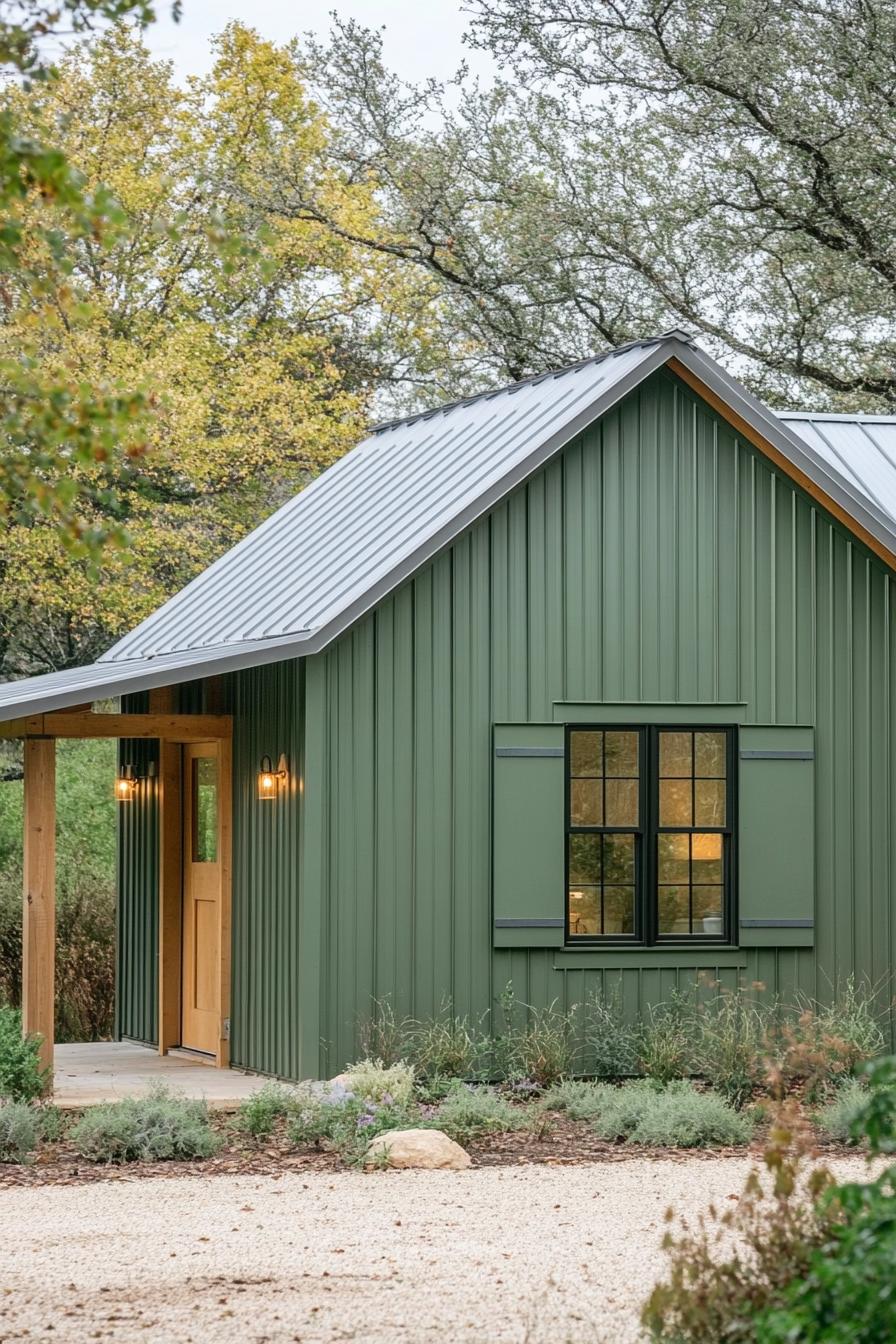 Compact metal home with a green exterior and a gable roof