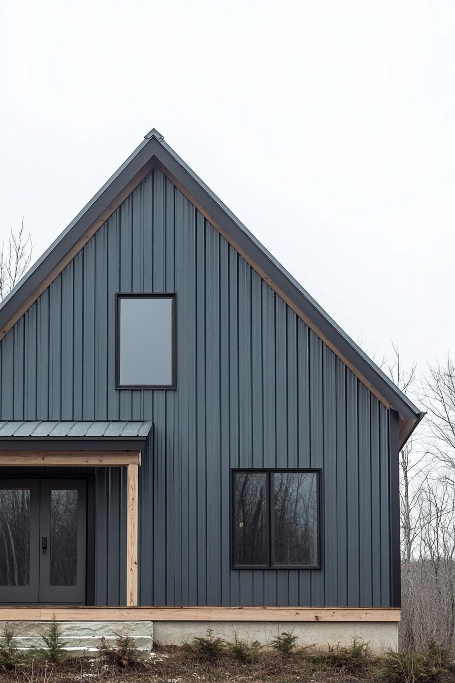 A modern small metal house with clean lines and an angled roof