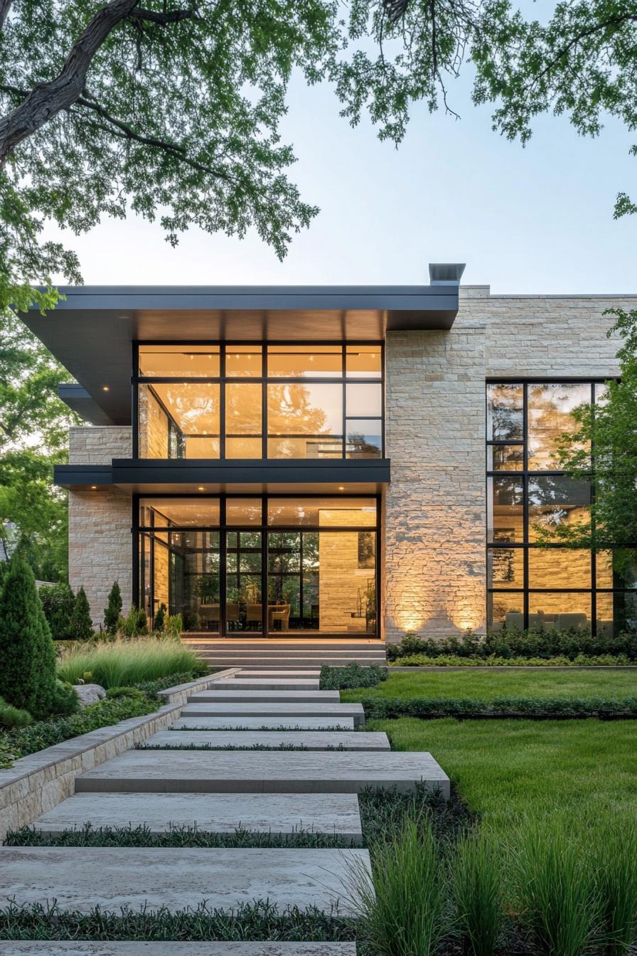 Modern house with large glass windows surrounded by trees