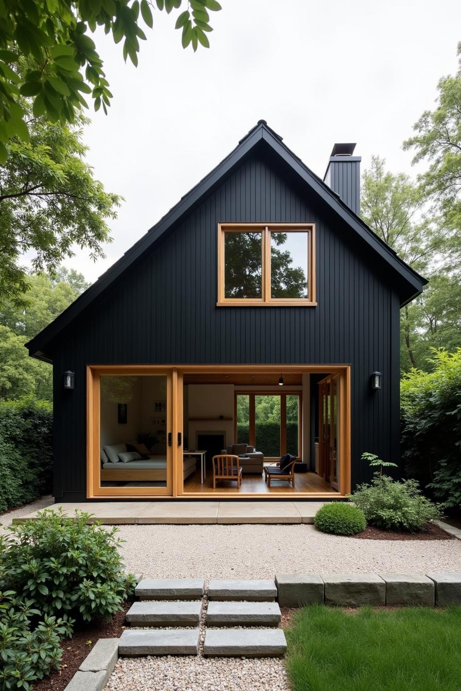 Small modern black house with wood-framed windows, surrounded by lush greenery