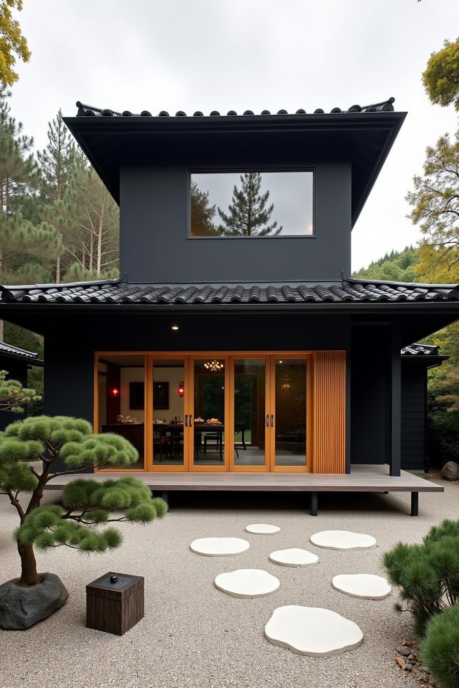 Contemporary black house with wooden accents and minimalist garden