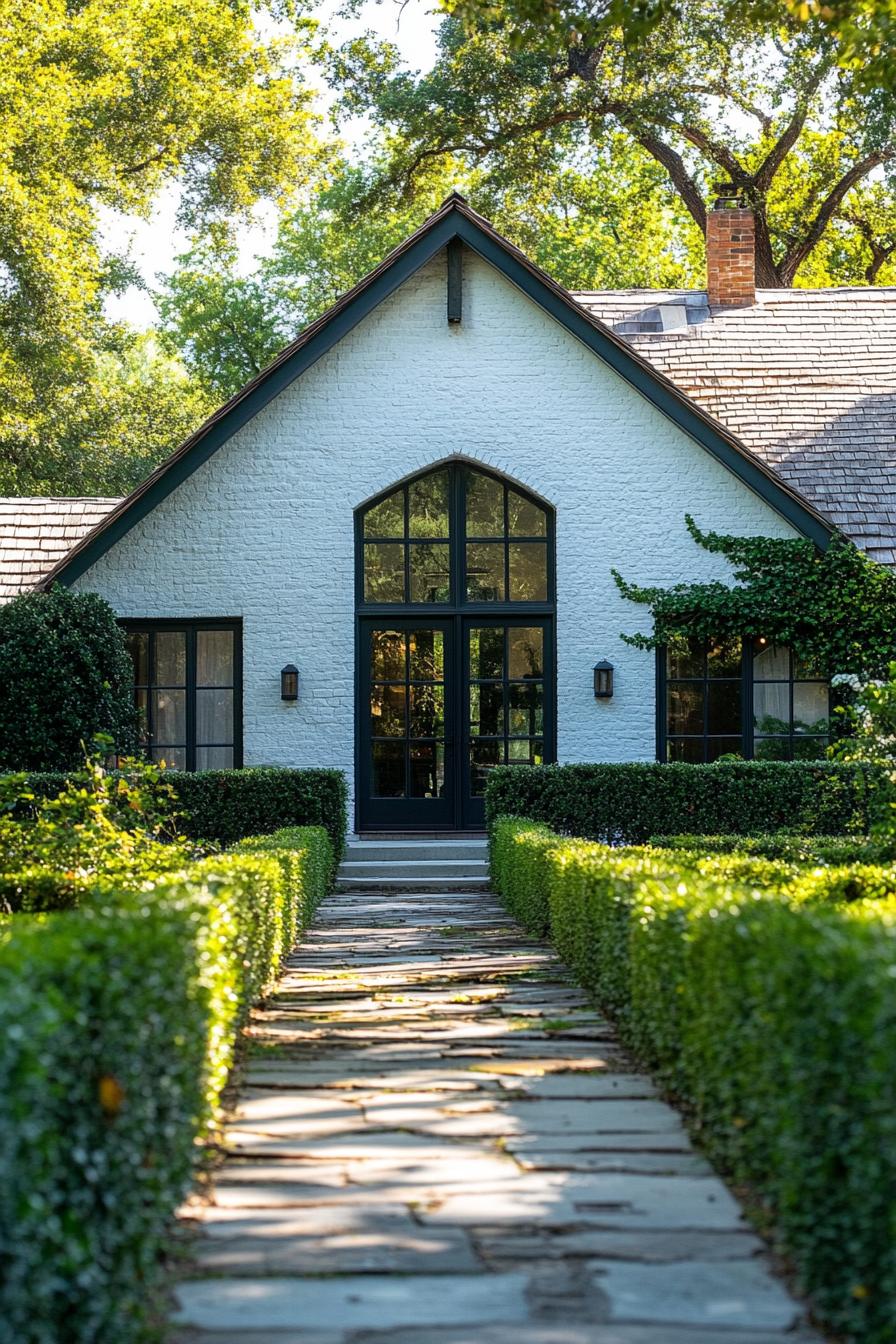 Front of a white brick cottage with large windows and a stone path