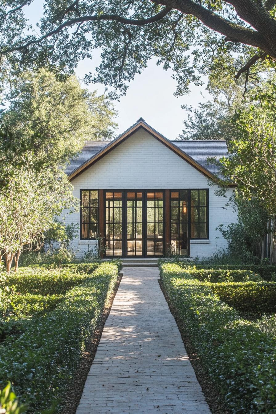 Charming white cottage with a garden path and large windows