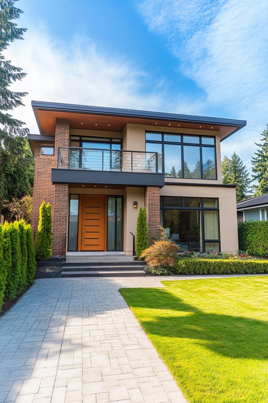 Modern house with large windows and a brick facade