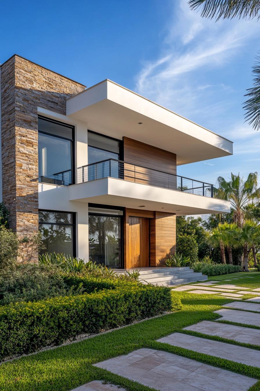 Contemporary two-story house with wooden and stone accents, surrounded by lush greenery