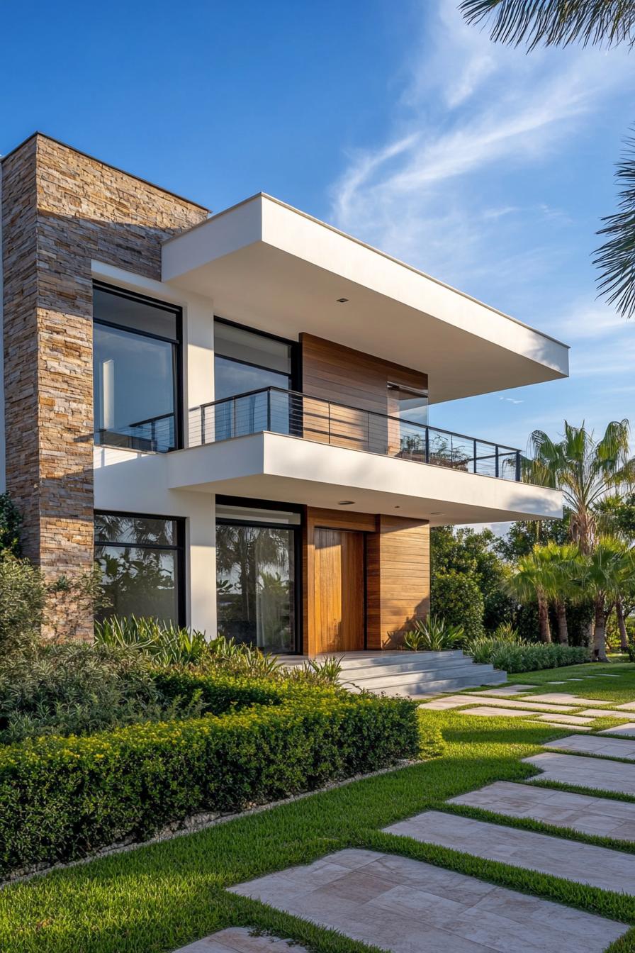 A modern two-story house with stone and wood accents surrounded by greenery